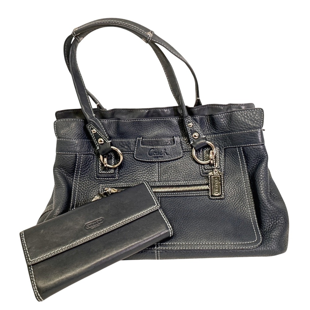 Coach Navy Blue Pebbled Leather Shoulder Bag and Matching Wallet Set GUC